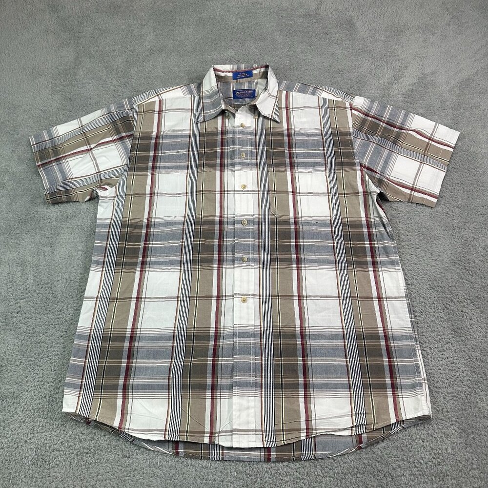 PENDLETON Men's Shirt Size Large Plaid‎ Brown Button Down Short Sleeve